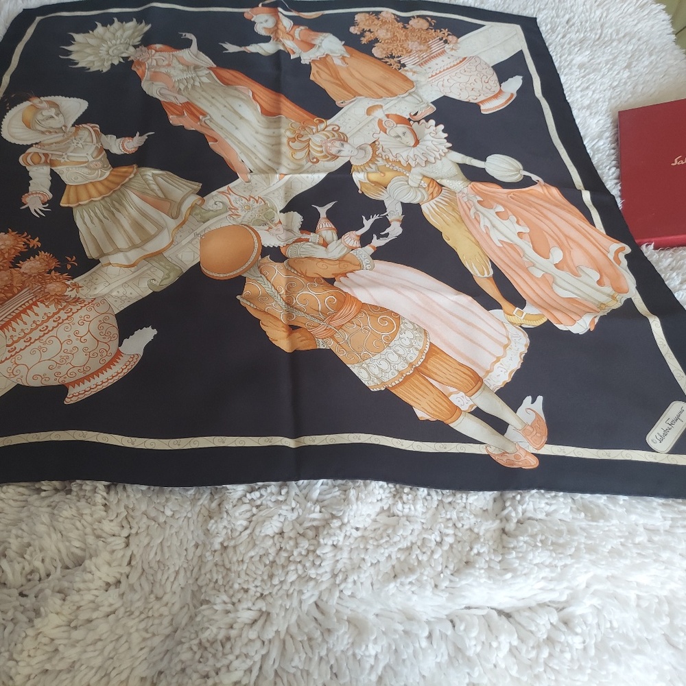 Ferragamo Silk Scarf, 34" sq., blk, gold,orange, NIB - Picture 2 of 4